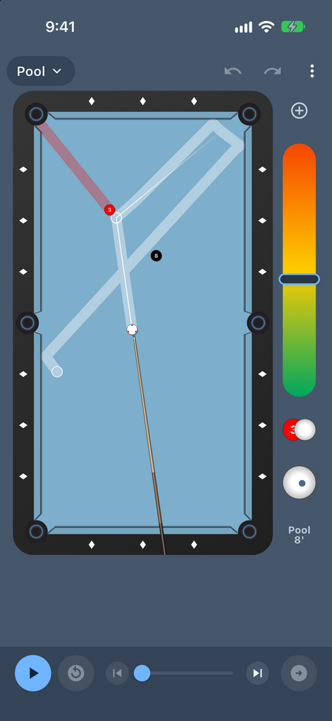 Billiard Shot Studio showing cue ball and object ball paths for a cut shot on an 8-foot pool table.